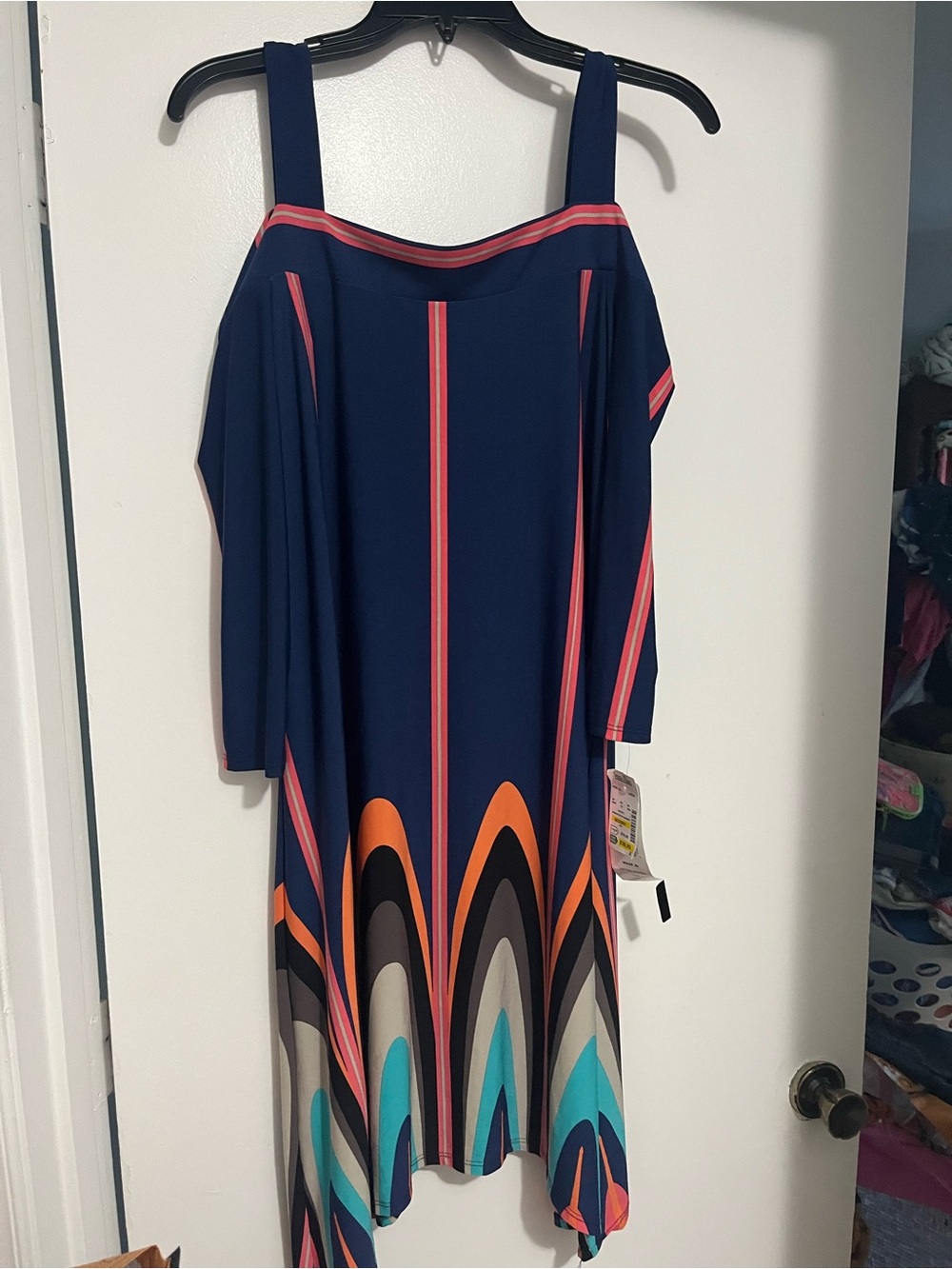 MSK Navy Midi Dress with Multicolor Graphic Stripes